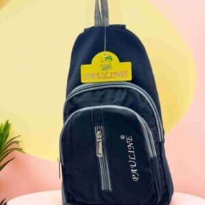 Black backpack with multiple compartments and Paulinebags logo, ideal for school or travel.